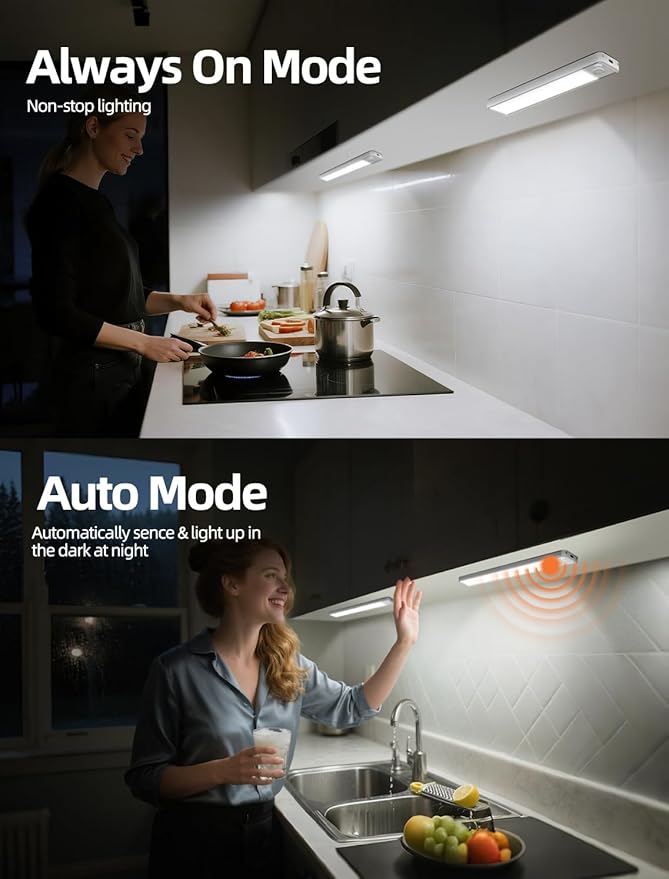 Under Cabinet Lighting: 8 Inch 3-Color Dimmable Rechargeable Motion Sensor Lights Indoor - Battery Operated Lights - Closet Light Magnetic Led Light for Kitchen Home Bathroom Counter 5 Pack