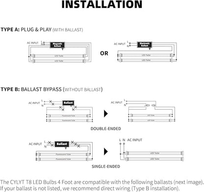 CYLYT Fluorescent Light Bulbs 48 inch, T8 LED Bulb 4 Foot Type A+B Replacement for F32T8 or F40T12 Tube, 26W 3400LM 4100K Cool White, Double or Single End Powered, 4-Pack