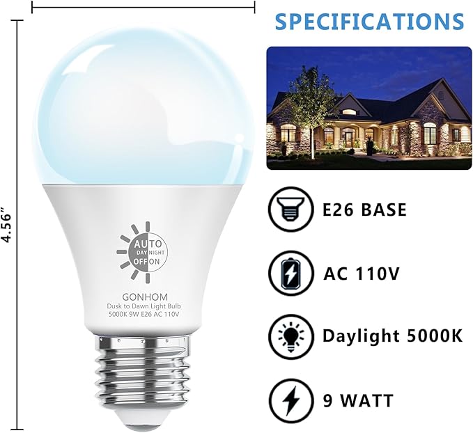 Gonhom 8 Pack Dusk to Dawn Light Bulbs Outdoor, 5000K-Daylight, 720LM, 9W(60W Equivalent) A19 E26 Automatic On/Off LED Light Bulbs, Dusk to Dawn LED Outdoor Lighting for Porch Garage Patio