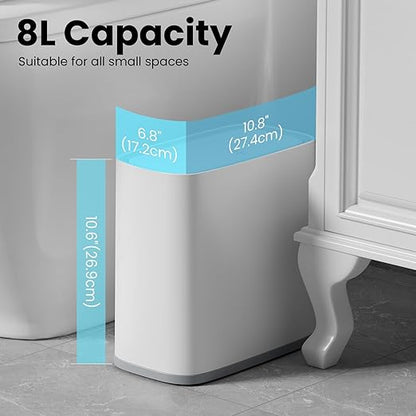 Slim Bathroom Trash Can with Lid and Wheels, 2.1 Gallon Small Garbage Can - Air-Press Bag Expander, Inner Bucket, Odor & Pet Proof, Press Top, Plastic Trash bin for Kitchen, Office, Bedroom,Toilet, RV