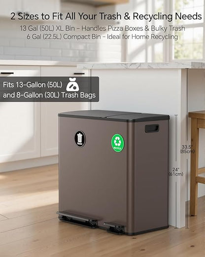 Lovewind Dual Trash and Recycling Bins for Kitchen, 13+6 Gallon Stainless Steel Garbage and Recycle Bin Combo for Large Families, Dual Trash Can with Soft Close Lid & Magnetic Stickers, Brown