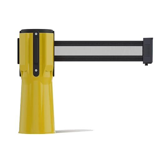 Trafford Industrial 11 Ft. Cone-Mounted Retractable Belt Barrier Yellow Case with Black and White Horizontal Stripe Belt