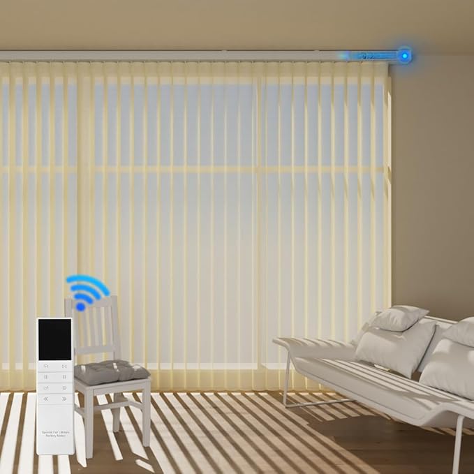 Motorized Sheer Vertical Blinds with Remote, Light Filtering Vertical Blind Sliding Door Blinds Remote Control Blinds for Sliding Glass Door Customize, Beige