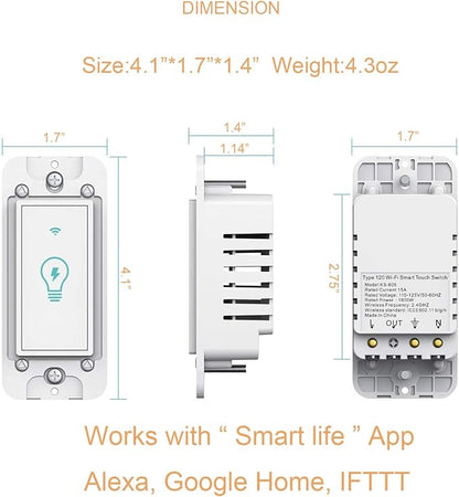 Smart Light Switch, Compatible with Alexa, Google Assistant, IFTTT, WiFi Light, Neutral Wire Required, Schedule Setting APP Remote Control, ETL, No Hub Required (Smart Switch 2pack)
