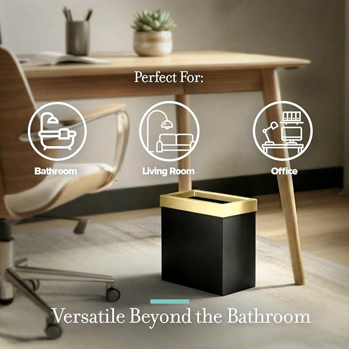 Gatco Small Bathroom Trash Can With Lid, Rectangle 3 Gallon Stainless Steel Wastebasket, Under Sink, Matte Black And Brushed Brass, For Bathroom, Bedroom, Office (1938)