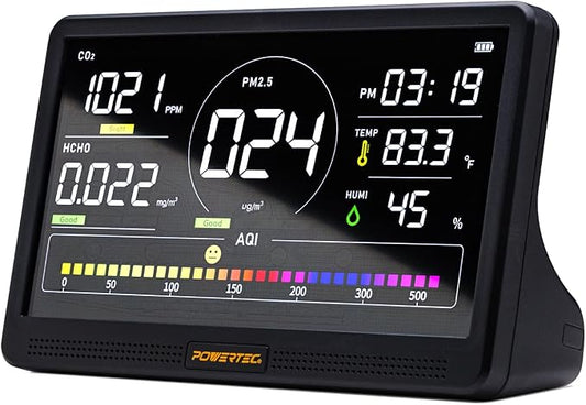 POWERTEC AD1001 Air Quality Monitor with 7" LCD Display - Multi-Sensor CO₂, PM2.5, PM10, TVOC, HCHO, Detector, NDIR Sensors, Rechargeable Indoor/Workshop Air Monitor