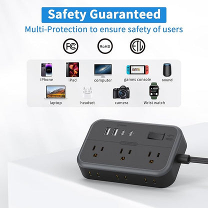 10 in 1Power Strip NTONPOWER Ultra Thin Flat Plug Extension Cord with 4 USB Ports(Include 2 USB C) Surge Protector Power Strip with Flat Cord 6 Widely Spaced Outlet(2 Side) 5 Ft Extension Cord-Black