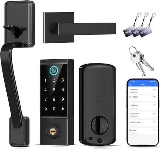 BEBASIA Heavy Duty Fingerprint Smart Door Lock for Front Door, APP Control Front Door Lock Sets, Auto Lock, Anti-Peeping Touchscreen Digital Keypad, Electronic Keyless Entry Deadbolt, Black