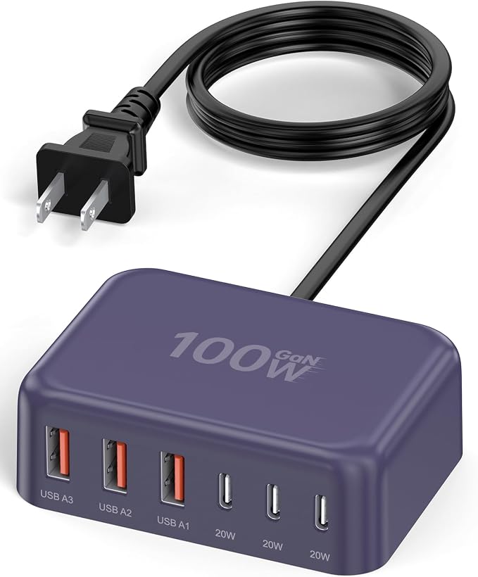 100W 6 in 1 USB Charger, 50% Smaller Charging Station for Multiple Devices | Fast Charging Blocks with Type C Port, USB Charging Hub Organizer Multiport Power Strip for iPhone,Samsung,Ipad,Kindle,Travel