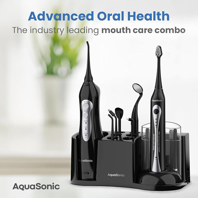 AquaSonic Home Dental Center Rechargeable Power Toothbrush & Smart Water Flosser - Complete Family Oral Care System - 10 Attachments and Tips Included - Various Modes & Timers (Black)