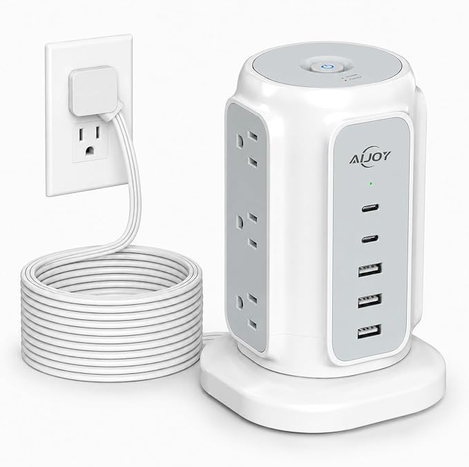 AiJoy 10FT Flat Plug Power Strip Tower with 9 AC Outlets and 5 USB Ports | 1200J Surge Protector Power Strip Outlet Extender Charging Station for Home, Office Supplies, Dorm Essentials