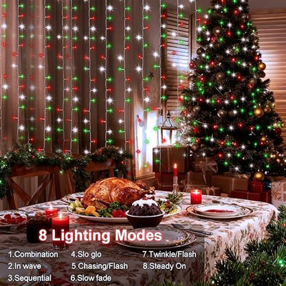 echosari Red White and Green Christmas Curtain Lights Battery Operated