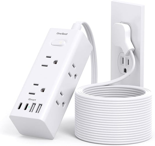 15Ft Extension Cord with Multiple Outlets, Flat Plug Power Strip Surge Protector with 15 Ft Long Cord, 6 Outlet 3 USB Ports (2 USB C), Multi Outlet Wall Plug for Travel, College, Dorm Room Essentials