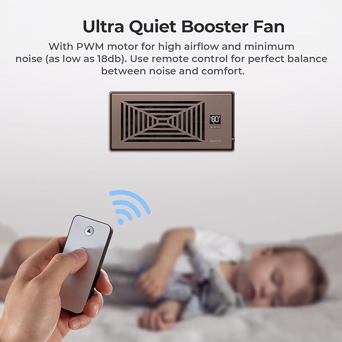 BIOWIND Quiet Register Booster Fan Fits 4" x 10" Register Holes, 10-Speed Smart Heating Cooling AC Vent Fan with Remote Control and Thermostat Control - Bronze