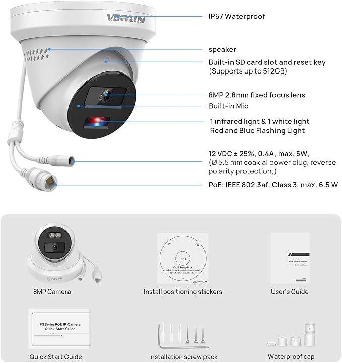 VIKYLIN 4K 8MP PoE IP Camera with Red & Blue Strobe Flash Light and Audio Alarm, Active Deterrent Security Camera with Smart Hybrid Light Color Night Vision, Two-way Audio, 2.8mm Lens Wide Angle, IP67