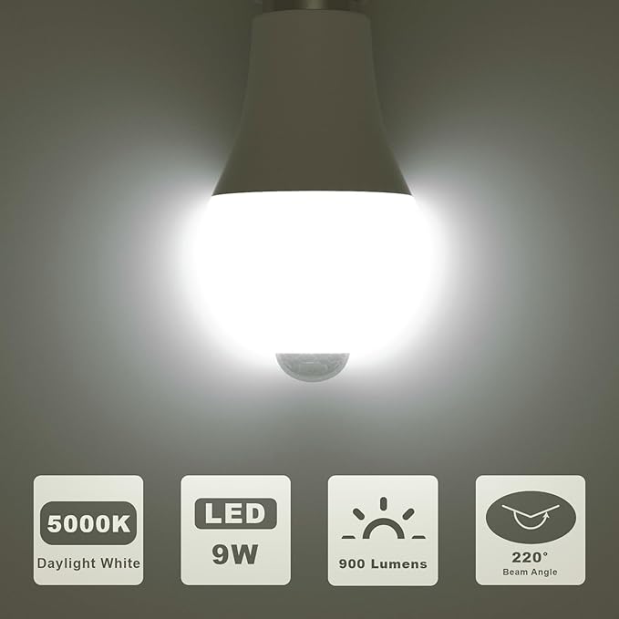 ORALUCE Motion Sensor Light Bulbs Indoor Outdoor 60 watt Equivalent, A19 E26 9W Motion Activated LED Bulb 5000K Daylight White, Motion Sensor Light for Garage, Closet, Porch, Stairs, 2 Pack