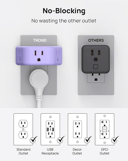 TROND Purple Outlet Extender with 3 Way Angled, for Tight Spaces | 3-Prong Grounded Outlet Adapter, Cruise Ship Essentials, Compact and Practical, for Bathroom and Kitchen