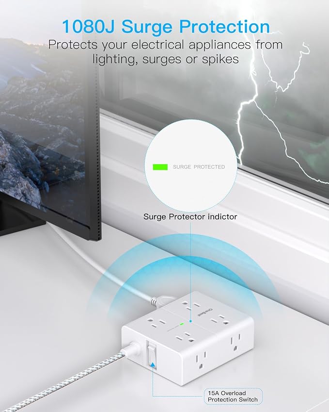 Extension Cord 25 Ft, One Beat Surge Protector Power Strip 25 Ft Long Cord, 8 AC Outlets with 4 USB Ports(2 USB C), White Power Strip for Home Office College Dorm Room, Desk Essentials