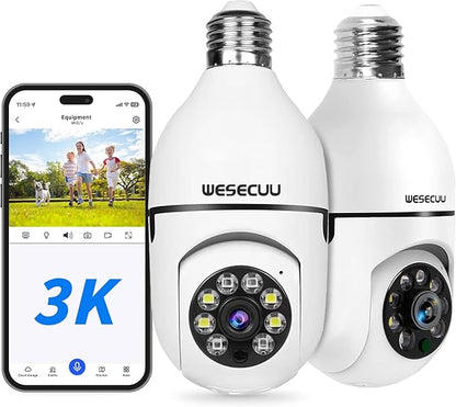 WESECUU 3K Light Bulb Security Camera -5G& 2.4GHz WiFi Security Cameras Wireless Outdoor Motion Detection and Alarm,Two-Way Talk,Color Night Vision,Human Detection, 500MP Ultra HD