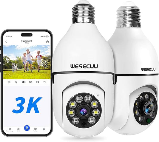 WESECUU 3K Light Bulb Security Camera -5G& 2.4GHz WiFi Security Cameras Wireless Outdoor Motion Detection and Alarm,Two-Way Talk,Color Night Vision,Human Detection, 500MP Ultra HD