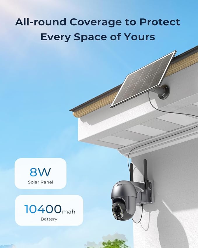 SEHMUA Security Cameras Wireless Outdoor with 5MP Resolution, 10x Optic Zoom, 360° Panoramic View, 10400mAh Battery, Solar Powered, Color Night Vision, PIR Detection, IP65 Watherproof for Home (Grey)