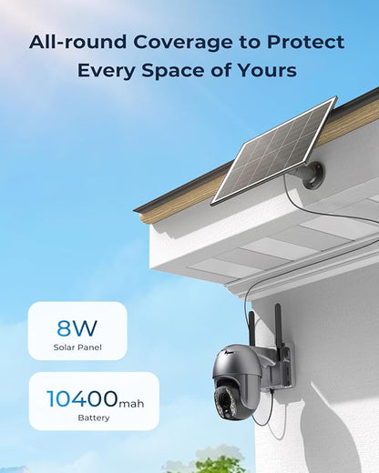 SEHMUA Security Cameras Wireless Outdoor with 5MP Resolution, 10x Optic Zoom, 360° Panoramic View, 10400mAh Battery, Solar Powered, Color Night Vision, PIR Detection, IP65 Watherproof for Home (Grey)