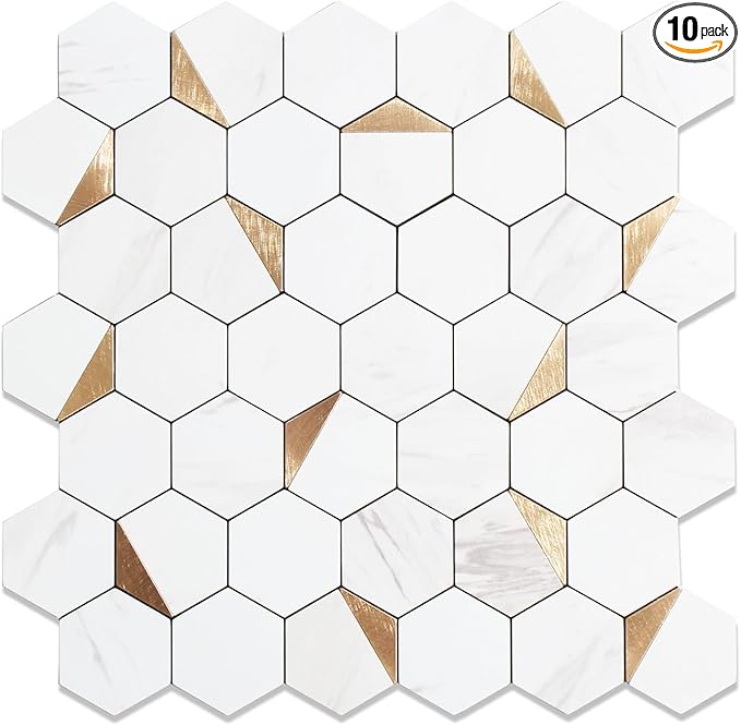 10-Sheet Hexagon Peel and Stick Backsplash Tile,12x12 inches Carla White Mixed Metal 3D PVC Wall Tiles Stick on Backsplash for Kitchen and Bathroom