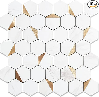 10-Sheet Hexagon Peel and Stick Backsplash Tile,12x12 inches Carla White Mixed Metal 3D PVC Wall Tiles Stick on Backsplash for Kitchen and Bathroom
