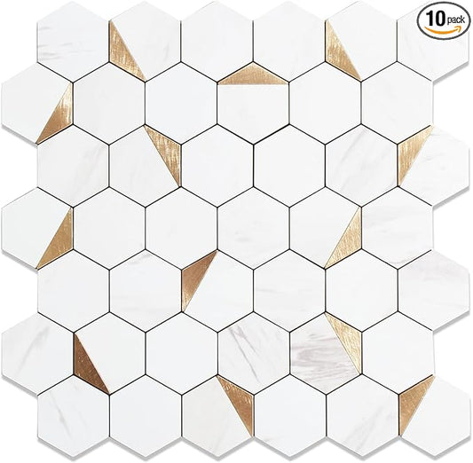 10-Sheet Hexagon Peel and Stick Backsplash Tile,12x12 inches Carla White Mixed Metal 3D PVC Wall Tiles Stick on Backsplash for Kitchen and Bathroom