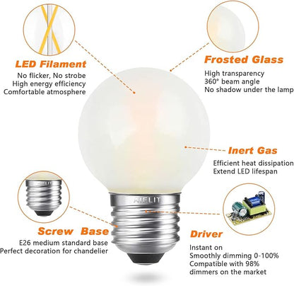 Dimmable 2 Watt Globe Frosted LED Light Bulbs 25W Equivalent, Warm White 2700K, A15/A50 LED Bulb, E26 Medium Base, Antique Filament Edison Decorative Bulb for Chandelier, Ceiling Fan, 4 Pcs