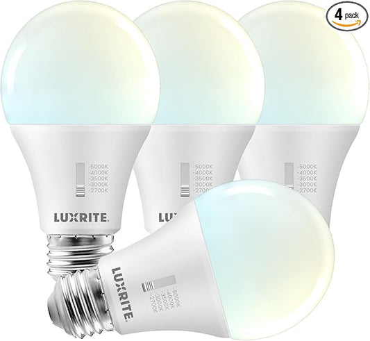 LUXRITE A19 LED Light Bulb 100 Watt Equivalent, CRI90, 5CCT Selectable 2700K 3000K 3500K 4000K 5000K, Dimmable, 1600LM, Standard LED Light Bulbs 15W, E26 Medium Base, ETL - Indoor Outdoor (4 Pack)