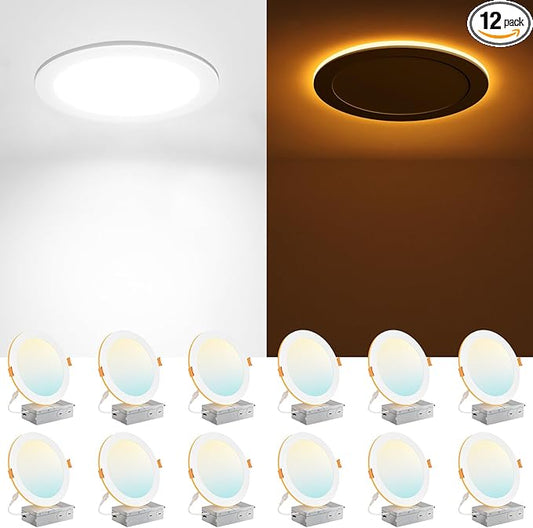 Amico 12 Pack 8 Inch 5CCT LED Recessed Ceiling Light with Night Light, 2700K/3000K/3500K/4000K/5000K Selectable Ultra-Thin Recessed Lighting, 18W=120W, 1600LM, Dimmable Canless Wafer Downlight ETL&FCC