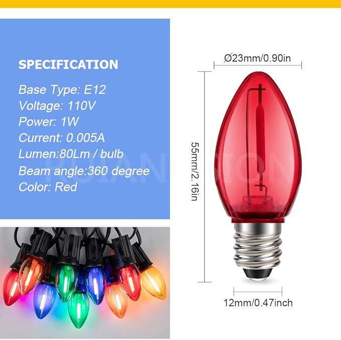 Ruiandsion E12 LED Bulb 110V Red E12 Screw-in for Chandelier Holiday Light String Wall Night Display Light Pack of 2