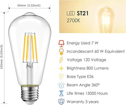 LVWIT 12 Pack ST21 LED Filament Bulb 7W(60 Watt Equivalent) Dimmable 2700K Warm White Vintage Edison Light Bulb E26 Medium Base