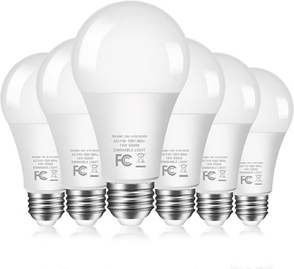 100W Equivalent LED Light Bulbs 5000K Daylight, Dimmable A19 LED Light Bulbs 14Watt 1500LM Bright LED Bulbs with E26 Standard Medium Base for Kitchen Bedroom Office Indoor, No Flicker, 6 Packs