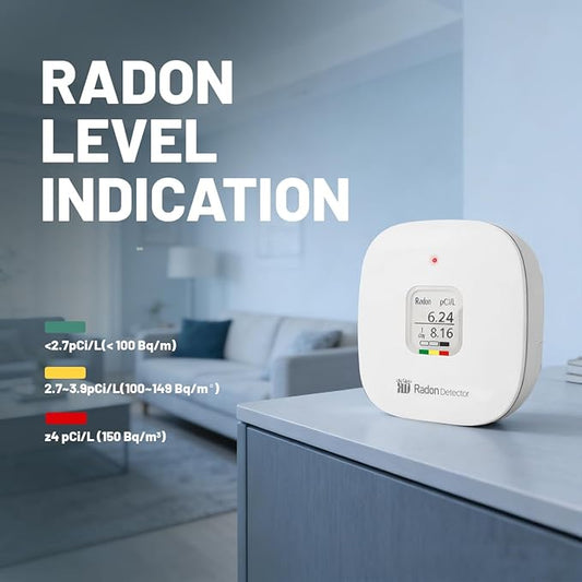 Radon Detector for Home, Office, Workplace, Hello Radon S, E-Ink Display, Alpha Spectrometer Sensor, 2-Year Battery Life, Wall Mounted & Free Standing, PCi/L & Bq/m³ Units Switchable