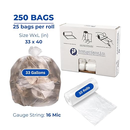 Inteplast Group S334017N 33 Gallon Capacity, 40" Length x 33" Width x 17 Mic Thickness, Natural Color, HDPE Commercial Coreless Institutional Trash Can Liner (Case of 10 Roll, 25 Bags per Roll)