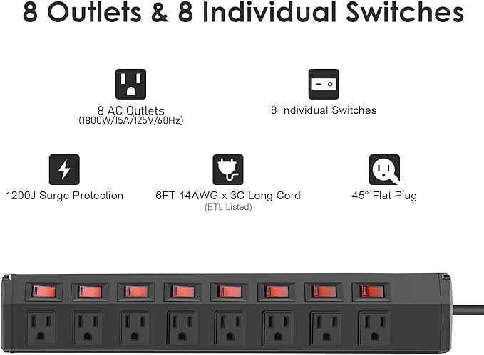 2PCS 8 Outlet Heavy Duty Power Strip with 8 Individual Switches,Moutable Metal Power Strip Surge Protector 1200 Joules,6FT 14AWG Extension Cord,15A 1800W 125V 60Hz