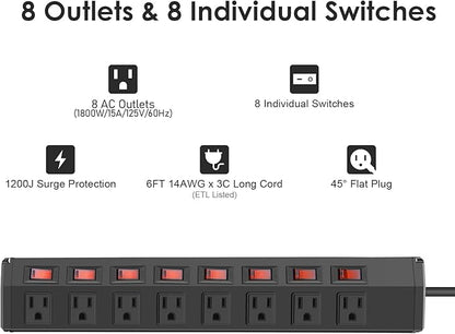 8 Outlet Heavy Duty Power Strip with 8 Individual Switches,Moutable Metal Power Strip Surge Protector 1200 Joules,6FT 14AWG Extension Cord,15A 1800W 125V 60Hz