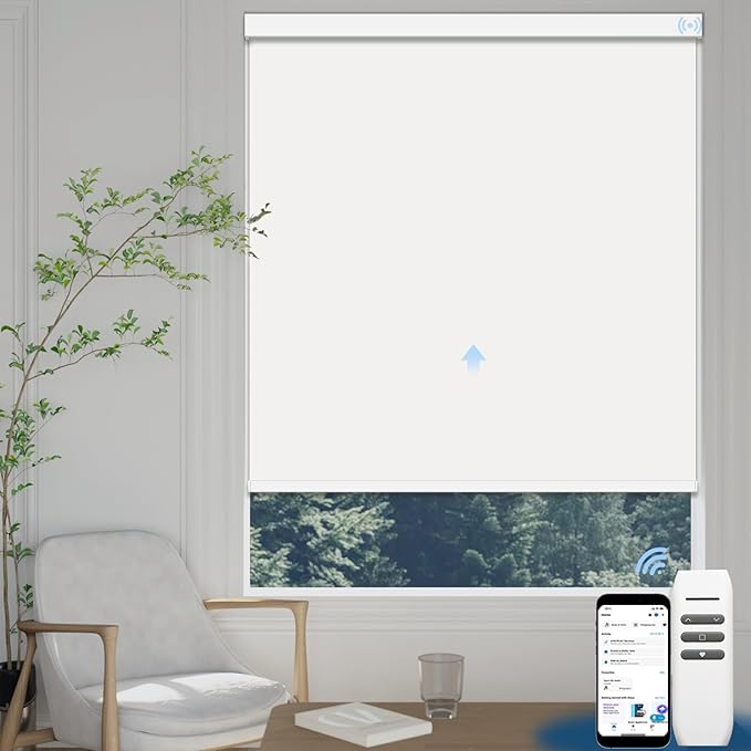 Motorized Blinds with Remote, Blackout Automatic Blinds for Windows Electric Roller Shades, Motorized Shades App Control for Bedroom Office (Blackout-Pure White, 34" Wx72 H)