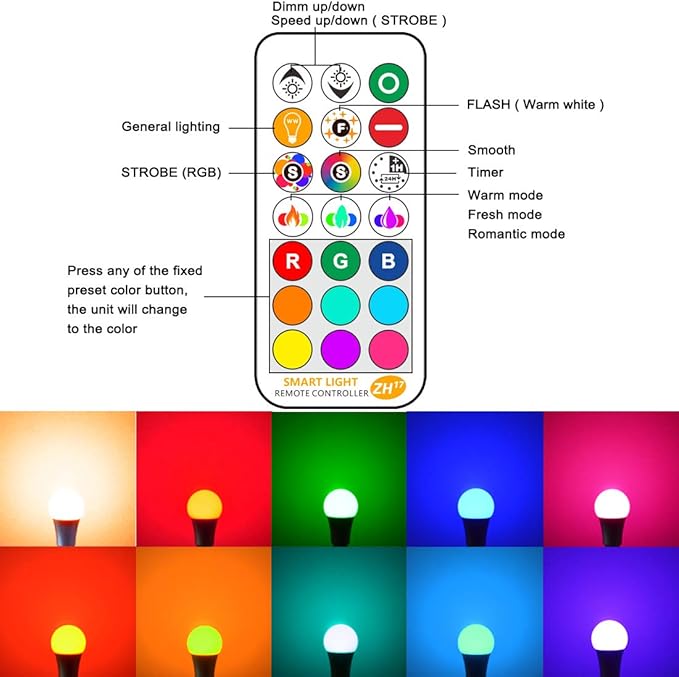 Yangcsl LED Light Bulb 85W Equivalent, RGB Color Changing Light Bulb, 6 Moods - Memory - Sync - Dimmable, A19 E26 Screw Base, Timing Remote Control Included (Pack of 2)