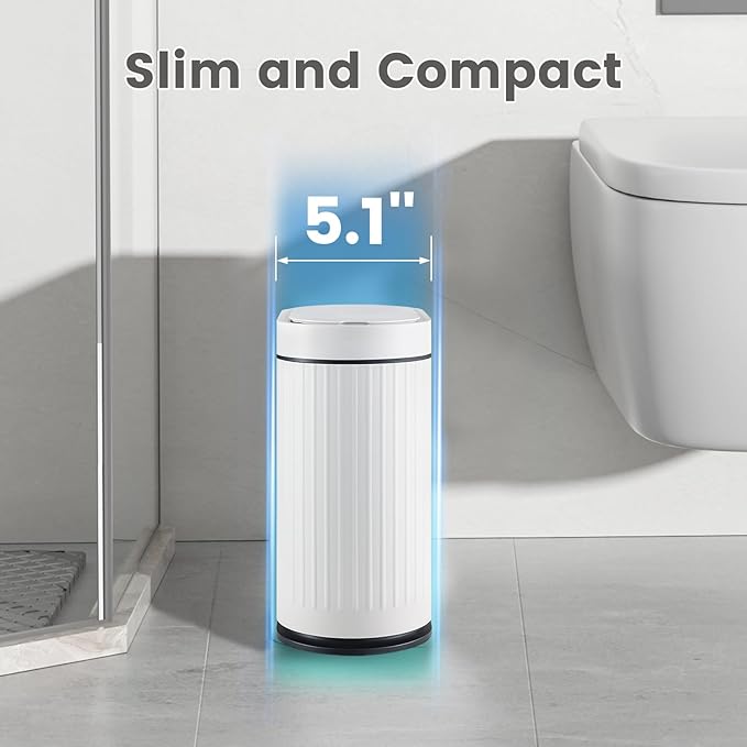 ELPHECO Bathroom Trash Can 2 Gallon Plastic Smart Garbage Can Waterproof Wastebasket Bathroom Decor Narrow Garbage Bin with Automatic lid for Bedroom, Kitchen, Office, White Black