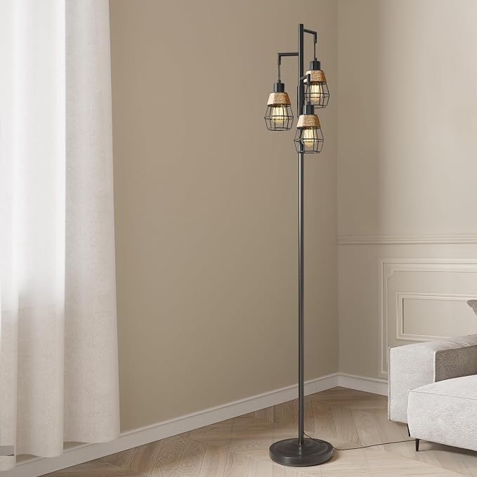 Oneach 70" Floor Lamps for Living Room, Stepless Dimmable Boho Floor Lamp with 3 Bulbs, Tall Farmhouse Industrial Corner Standing Tree Lamp for Bedroom, Office, Study Room, Dining Room, Black