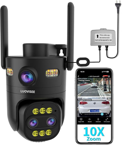 Triple-Lens Outdoor Security Camera Auto Zoom & Tracking,with 10X Hybrid Zoom,Wired 2.4G/5G WiFi Camera for Home Security,24/7 Continuous Recording,Plug-in Power,Work With NVR/DVR Surveillance System