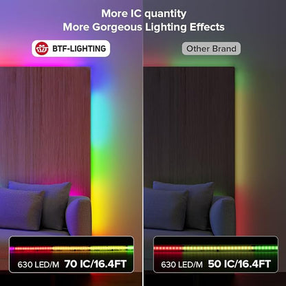 BTF-LIGHTING 24FT WS2811 Smart IC RGB DC24V FCOB COB LED Strip Light | UL Listed 630LEDs/m High Density Color Chasing Light 10mm Width for Home Party DIY Lighting(No Adapter or Controller)