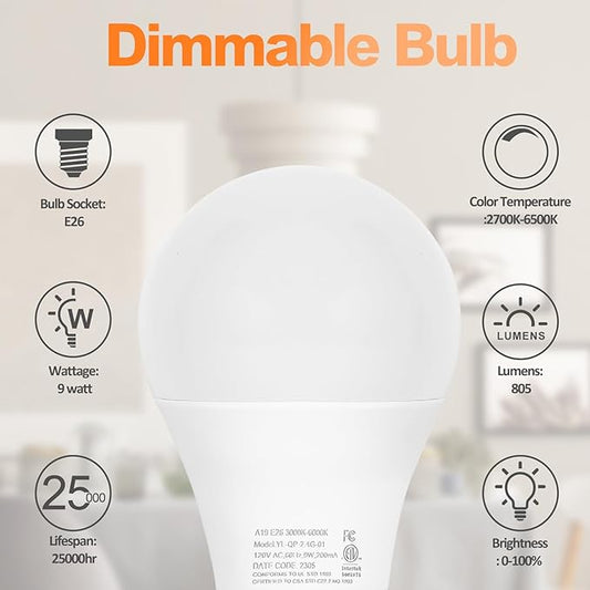 Brilvibera 2 Packs Remote Control Bulb Set, A19 LED Light Bulbs Dimmable Stepless 2700K-6000K, 805 LM, E26 Base, 25000+ Hours Lifespan, LED Bulb for Pendant Light, Table Light, Floor Lamp
