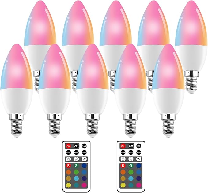 XRise E12 LED Bulb 3W Color Changing Candle Light (RGB + Warm White) 12 Colors, 3000K, Remote Control Included (2 Remote) Decorative Candle Lamp for Stage Home Decor,10 Pack