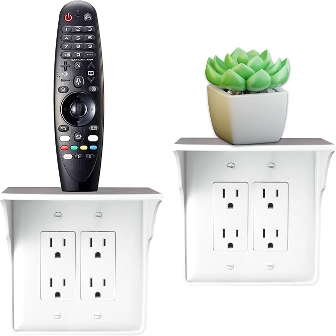 Power Perch Double Outlet Shelf, Renter Friendly Shelves, 2-Pack White | No Drill Alexa Stand Holder Outlet Mount for Bathroom, HomePod Stand, Cord Storage Strap, WiFi Router Wall Shelf, USA Made