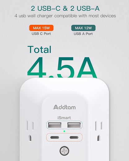 Surge Protector Outlet Extender - Addtam 5-Outlet Splitter with 4 USB Wall Charger(2 USB-C Ports), Multi Plug Outlet Power Strip for Home, Dorm Room Essentials