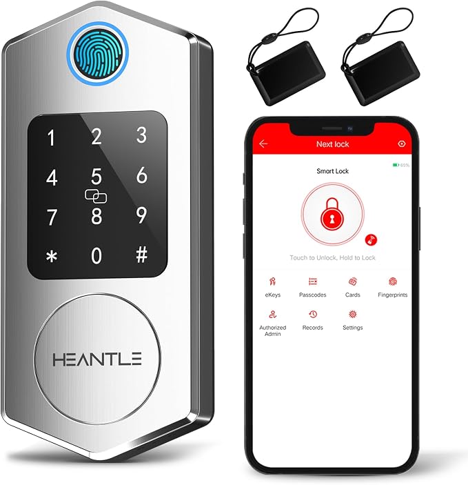Keyless Entry Door Lock,HEANTLE Fingerprint Smart Deadbolts with Touchscreen Keypad for Front Door,Electronic Bluetooth Deadbolt with App Control,Auto Lock